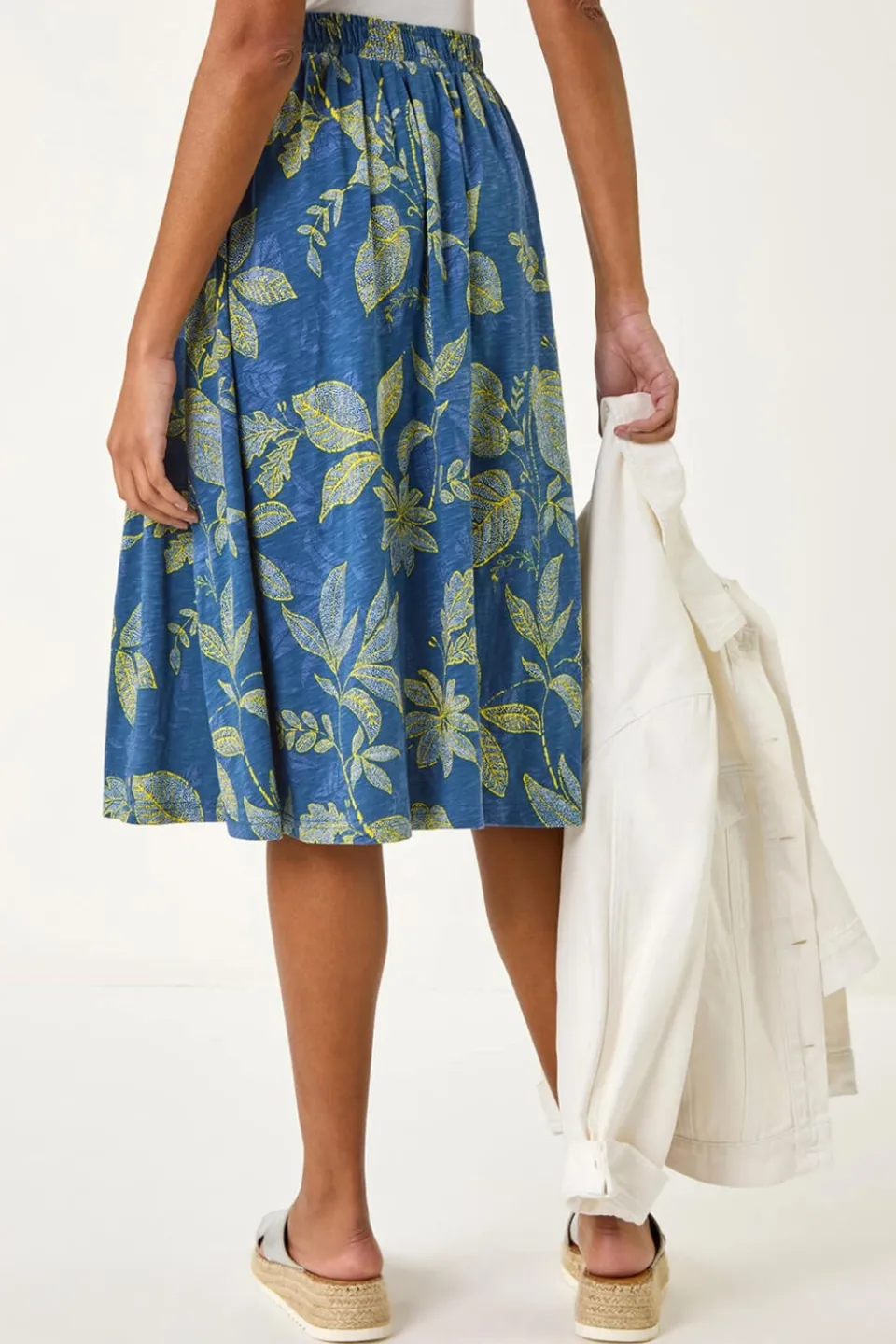Skirts>Roman Denim Leaf Print A-Line Skirt
