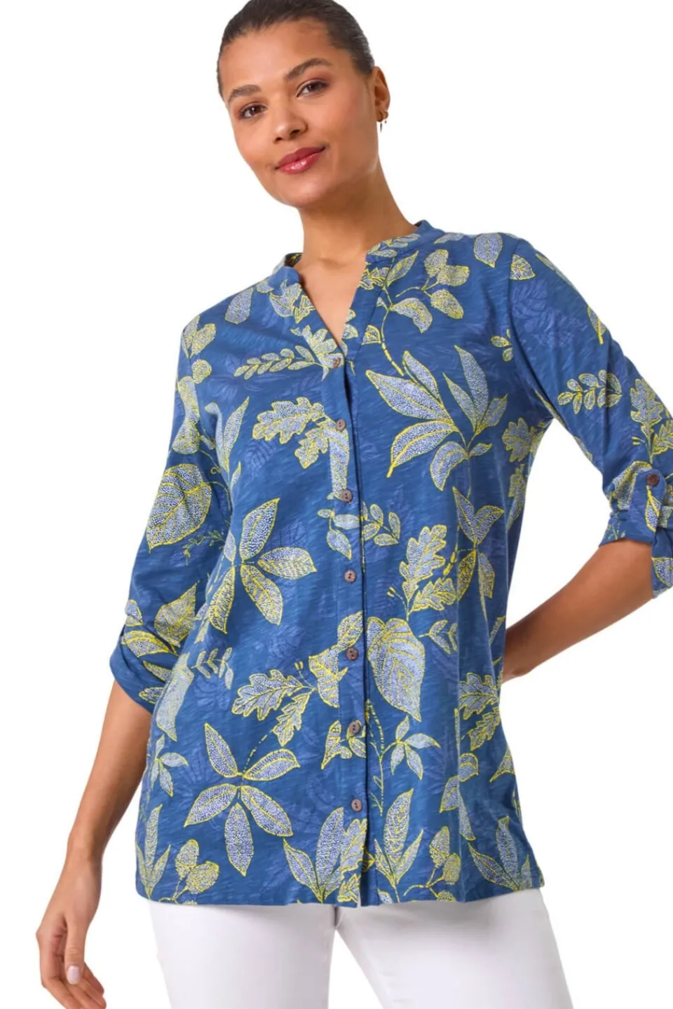 Tops>Roman Denim Leaf Print Cotton Blouse