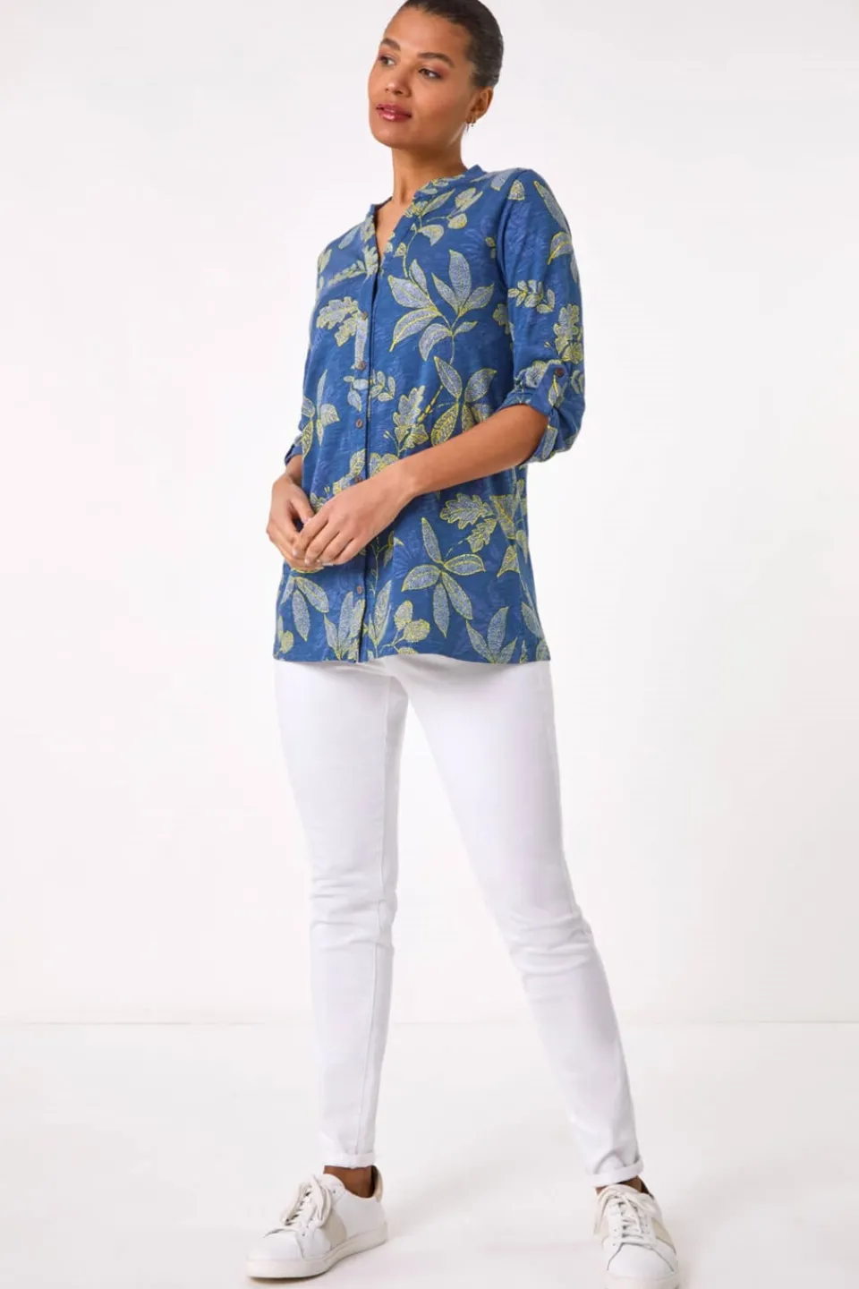 Tops>Roman Denim Leaf Print Cotton Blouse