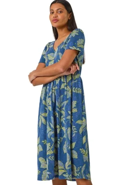 Dresses>Roman Denim Leaf Print Stretch Midi Dress