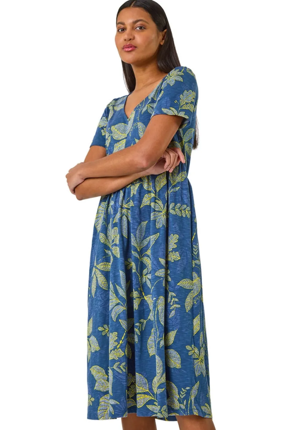Dresses>Roman Denim Leaf Print Stretch Midi Dress