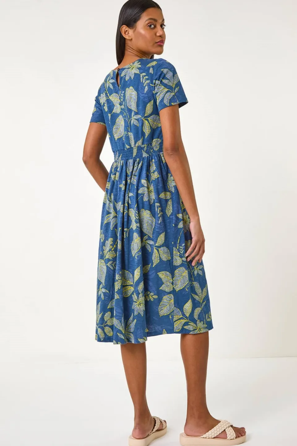 Dresses>Roman Denim Leaf Print Stretch Midi Dress