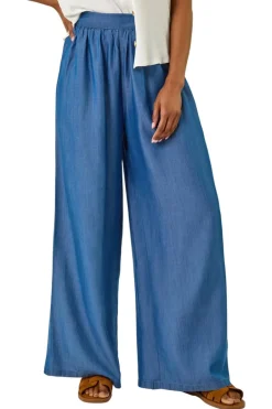 Trousers>Roman Denim Pleated Full Length Wide Leg Trouser