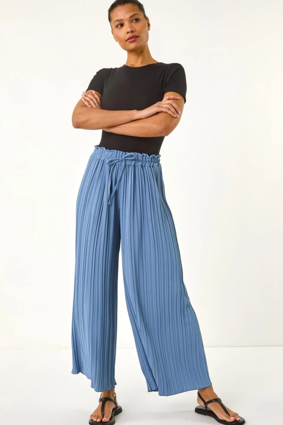 Trousers>Roman Pleated Wide Leg Stretch Culottes Denim