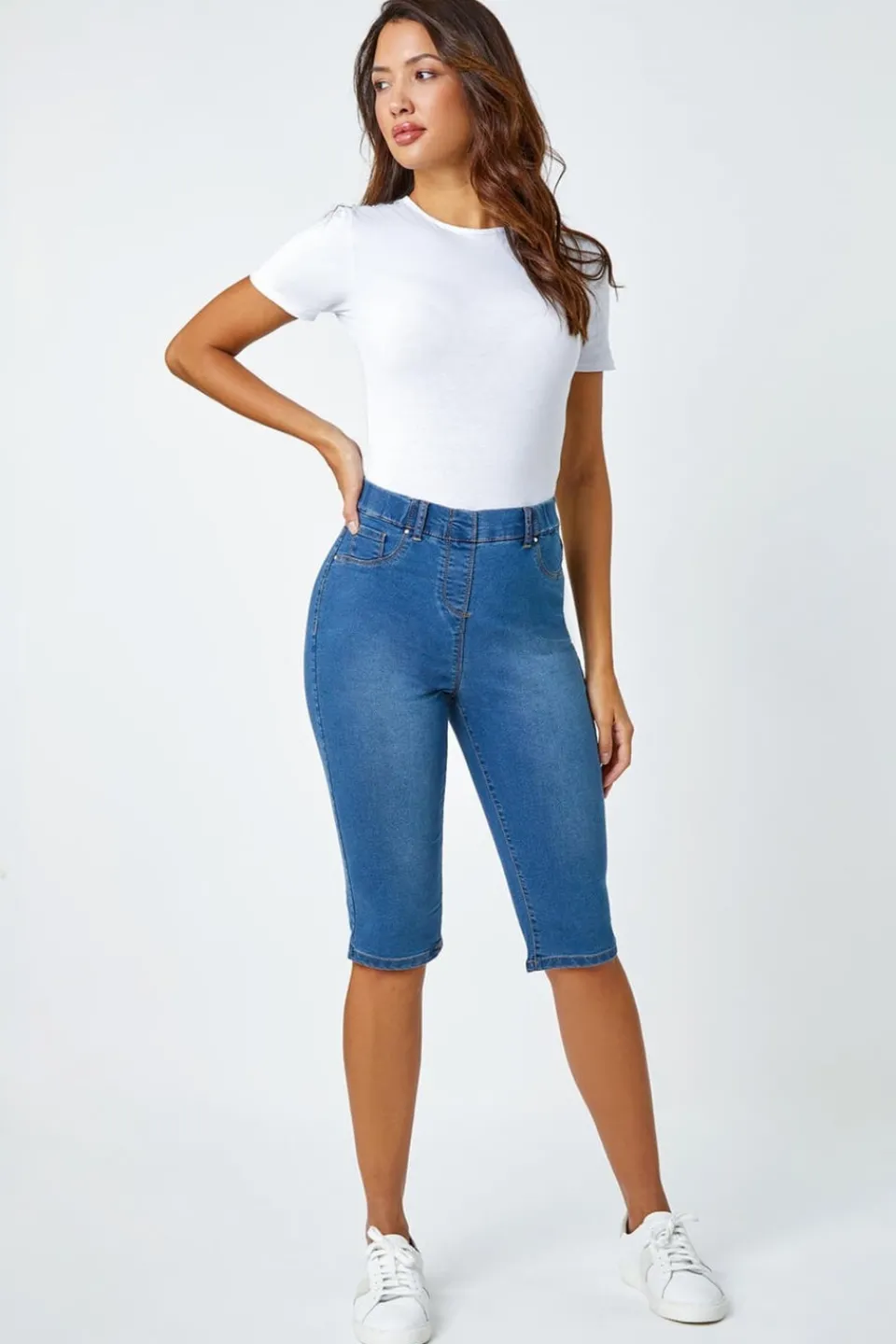 Jeans & Jeggings>Roman Denim Stretch Knee Length Pedal Pusher Blue