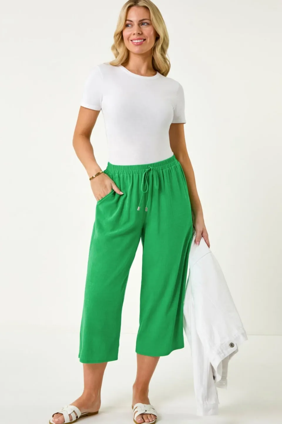 Trousers>Roman Petite Linen Mix Wide Cropped Trousers Emerald