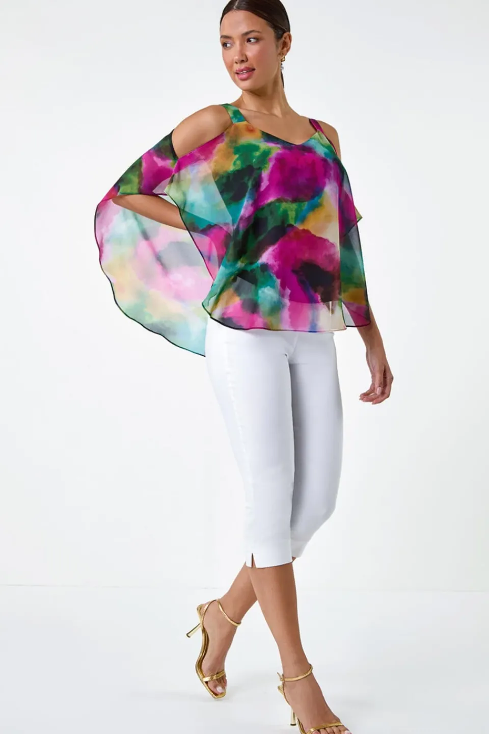 Tops>Roman Forest Abstract Print Cold Shoulder Overlay Top