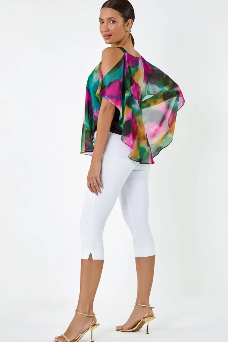 Tops>Roman Forest Abstract Print Cold Shoulder Overlay Top