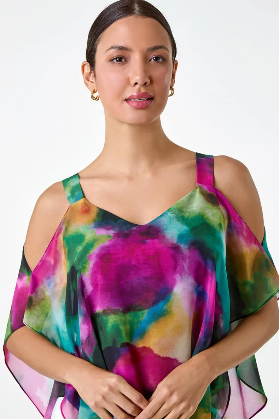 Tops>Roman Forest Abstract Print Cold Shoulder Overlay Top