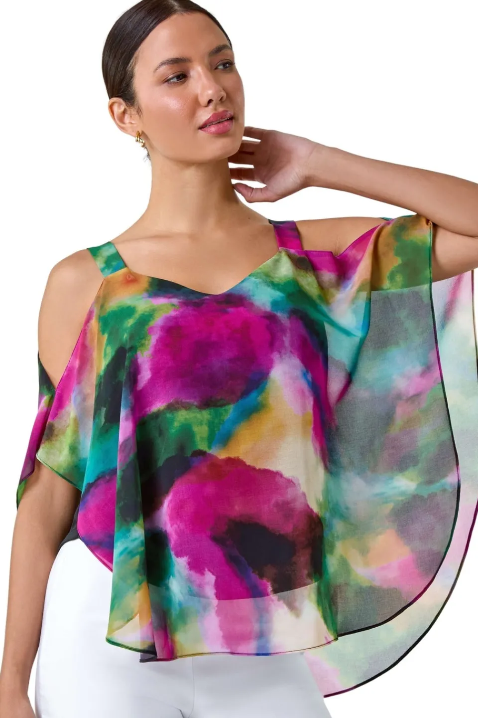 Tops>Roman Forest Abstract Print Cold Shoulder Overlay Top