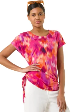 T-Shirts>Roman Fuchsia Abstract Print Side Tie Detail Top