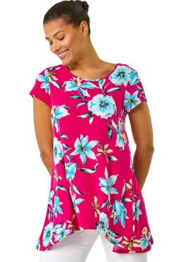 Tops>Roman Fuchsia Floral Print Hanky Hem Stretch Tunic Top