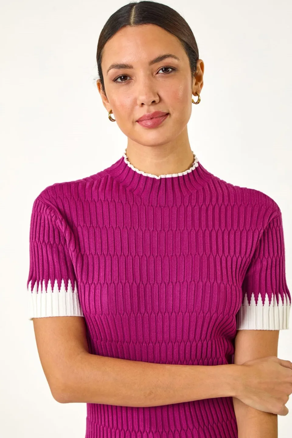 Tops>Roman Ribbed Contrast Knit Fuchsia