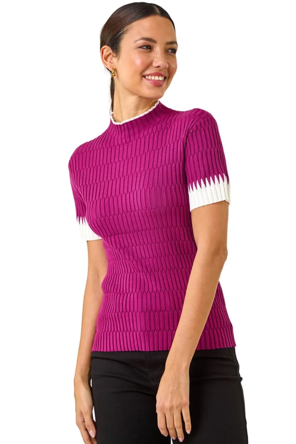 Tops>Roman Ribbed Contrast Knit Fuchsia