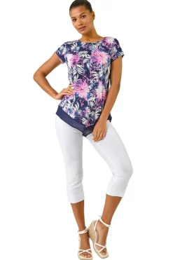 T-Shirts>Roman Fuchsia Textured Floral Print Asymmetric Top