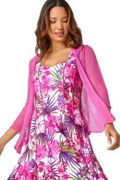 Tops>Roman Fuchsia Textured Pointelle Detail Shrug Fuschia