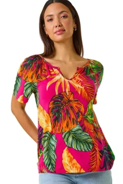 Tops>Roman Fuchsia Tropical Print Notch Neck Stretch Top