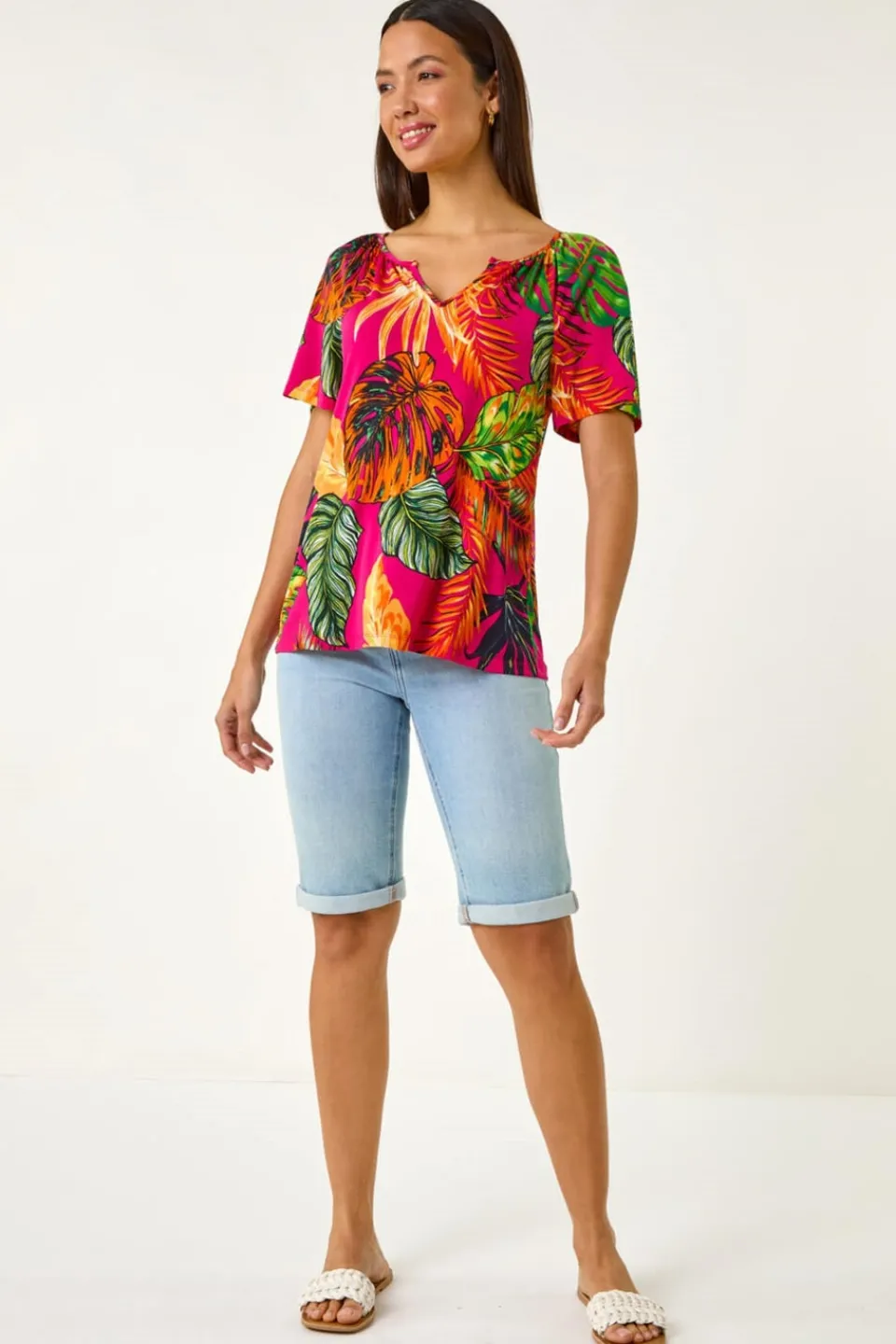 Tops>Roman Fuchsia Tropical Print Notch Neck Stretch Top
