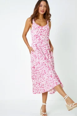 Dresses>Roman Fuschia Sleeveless Floral Midi Stretch Dress
