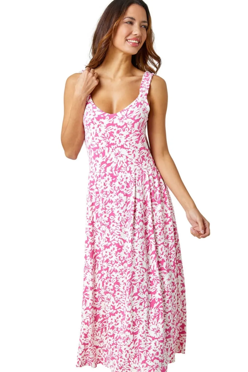 Dresses>Roman Fuschia Sleeveless Floral Midi Stretch Dress