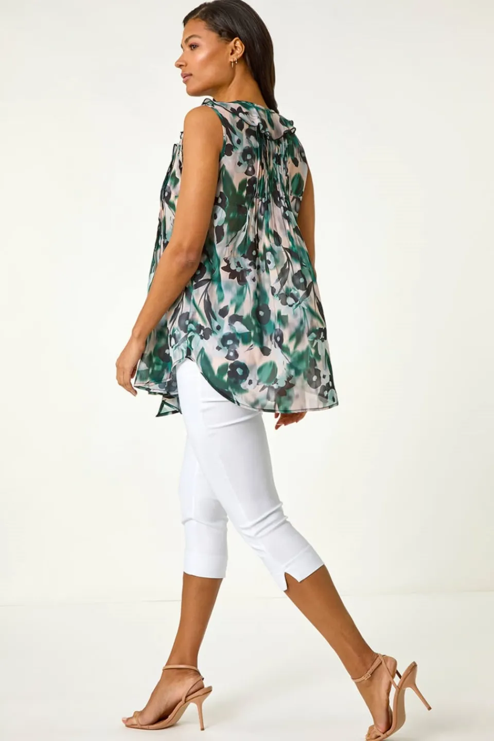 Tops>Roman Green Abstract Print Frill Pintuck Detail Top