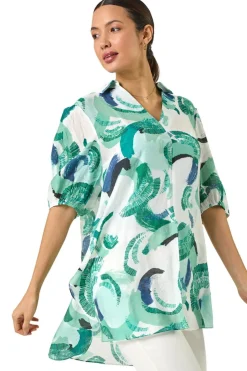 Tops>Roman Green Abstract Print Longline Overshirt