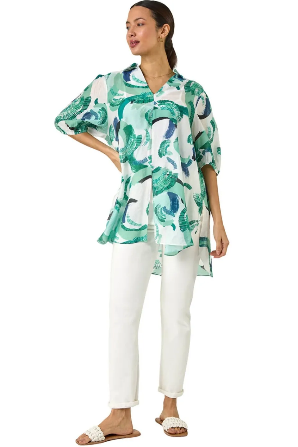 Tops>Roman Green Abstract Print Longline Overshirt