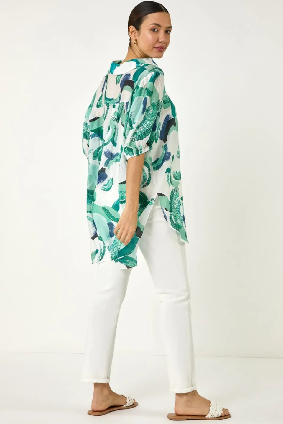 Tops>Roman Green Abstract Print Longline Overshirt