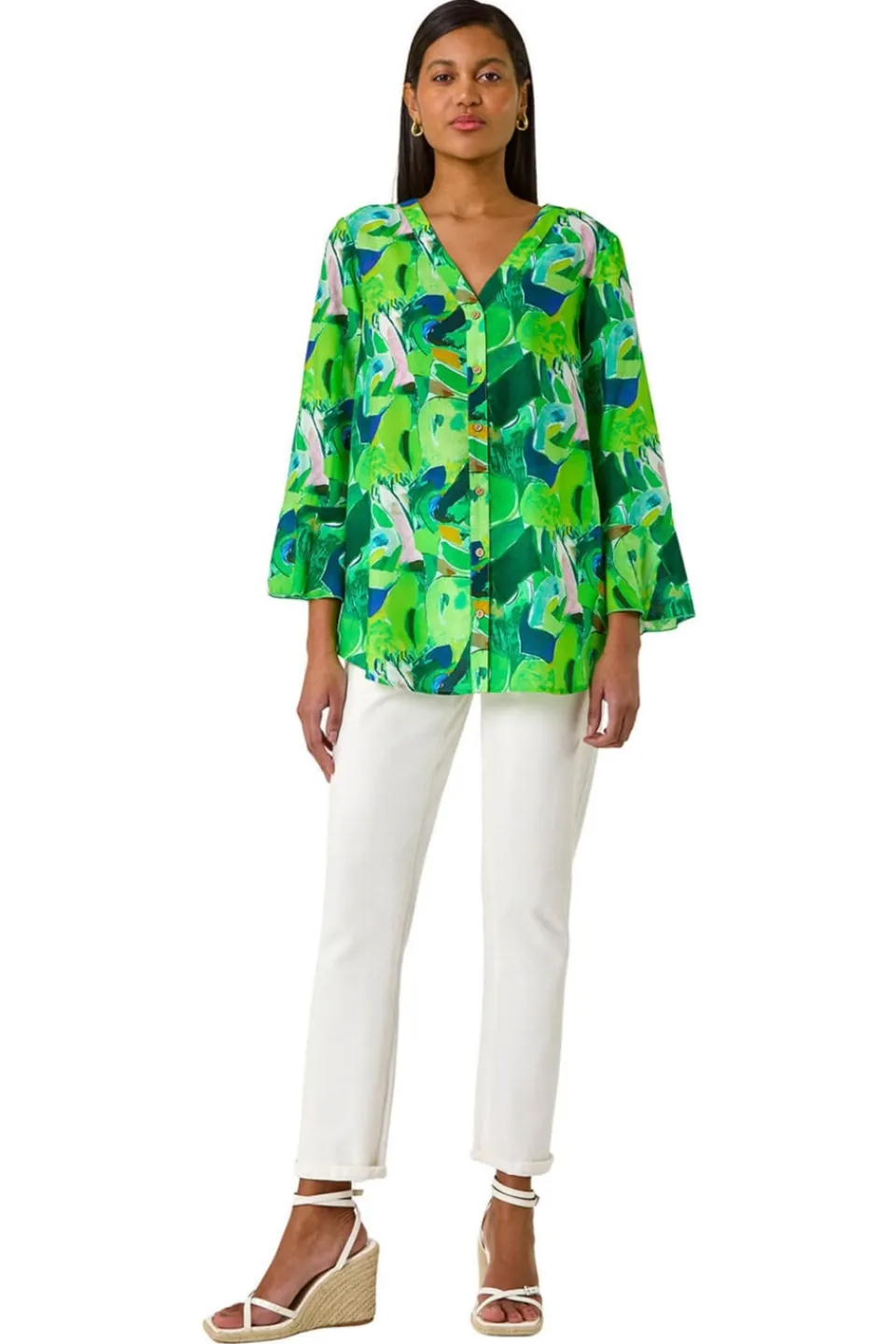 Blouses & Shirts>Roman Green Abstract Print Flared Blouse