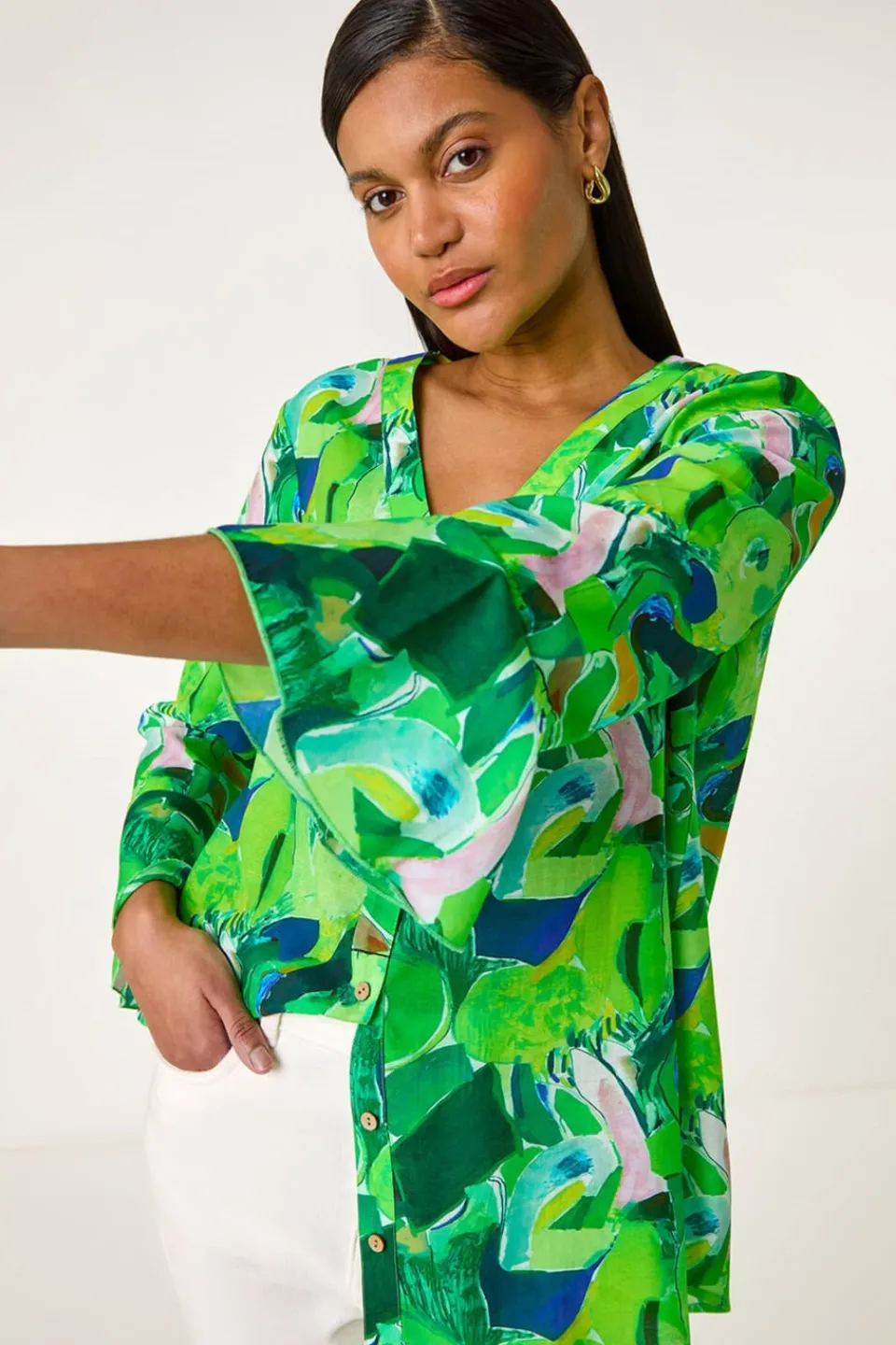 Blouses & Shirts>Roman Green Abstract Print Flared Blouse