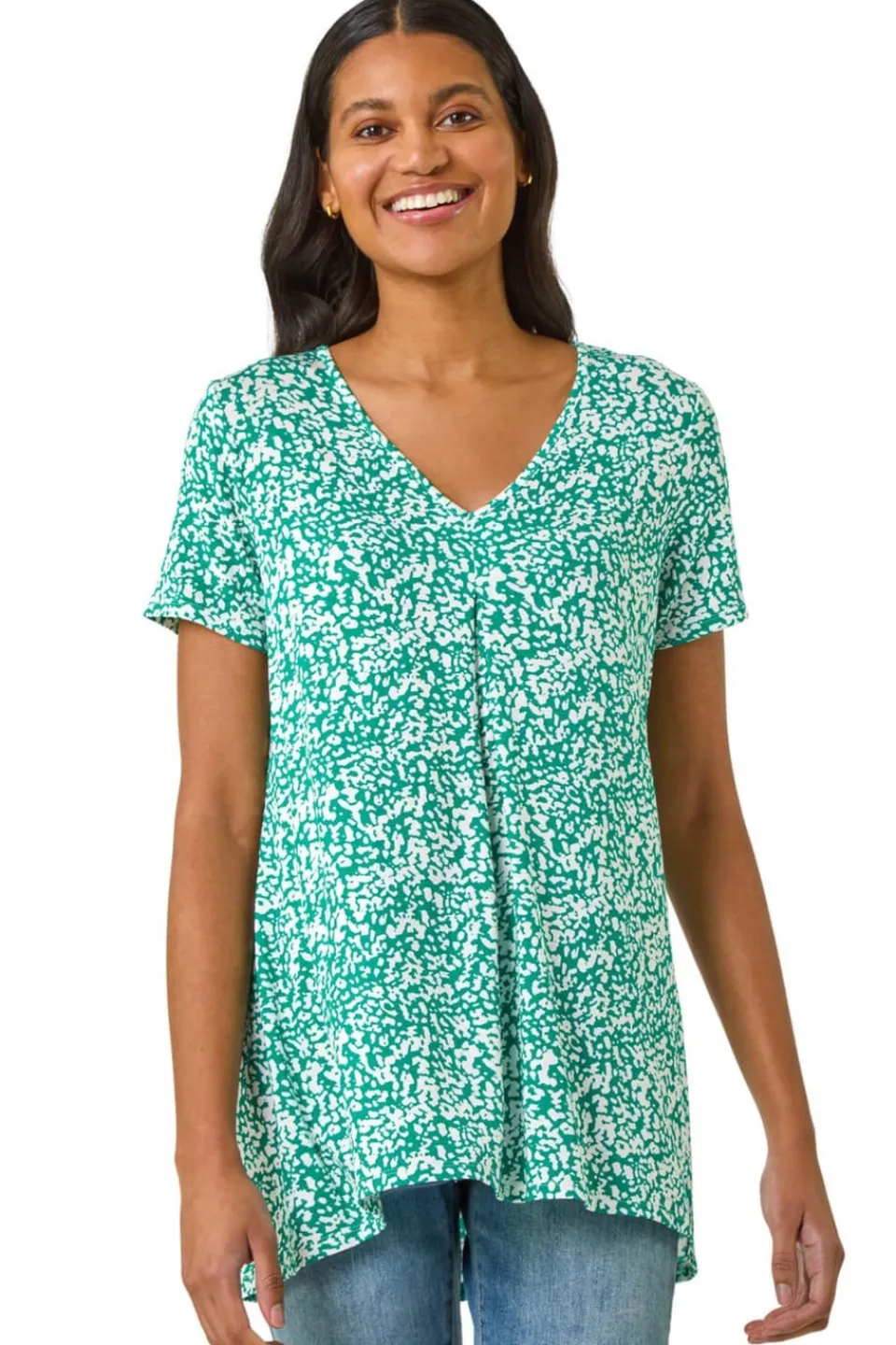Tops>Roman Green Abstract Print Pleat Front Top