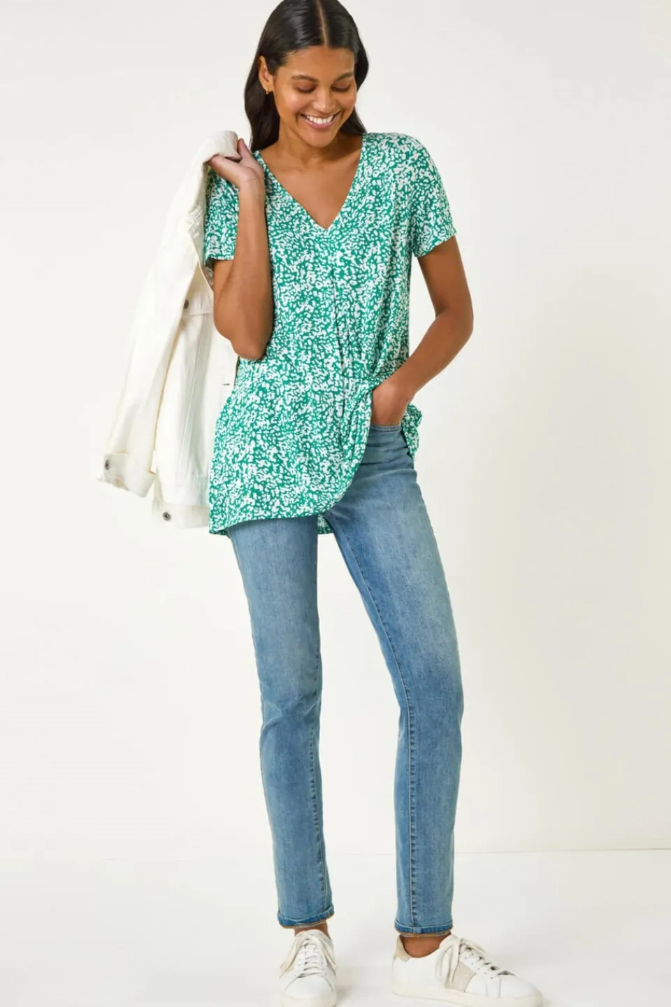 Tops>Roman Green Abstract Print Pleat Front Top