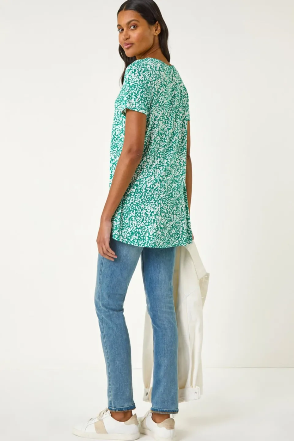 Tops>Roman Green Abstract Print Pleat Front Top