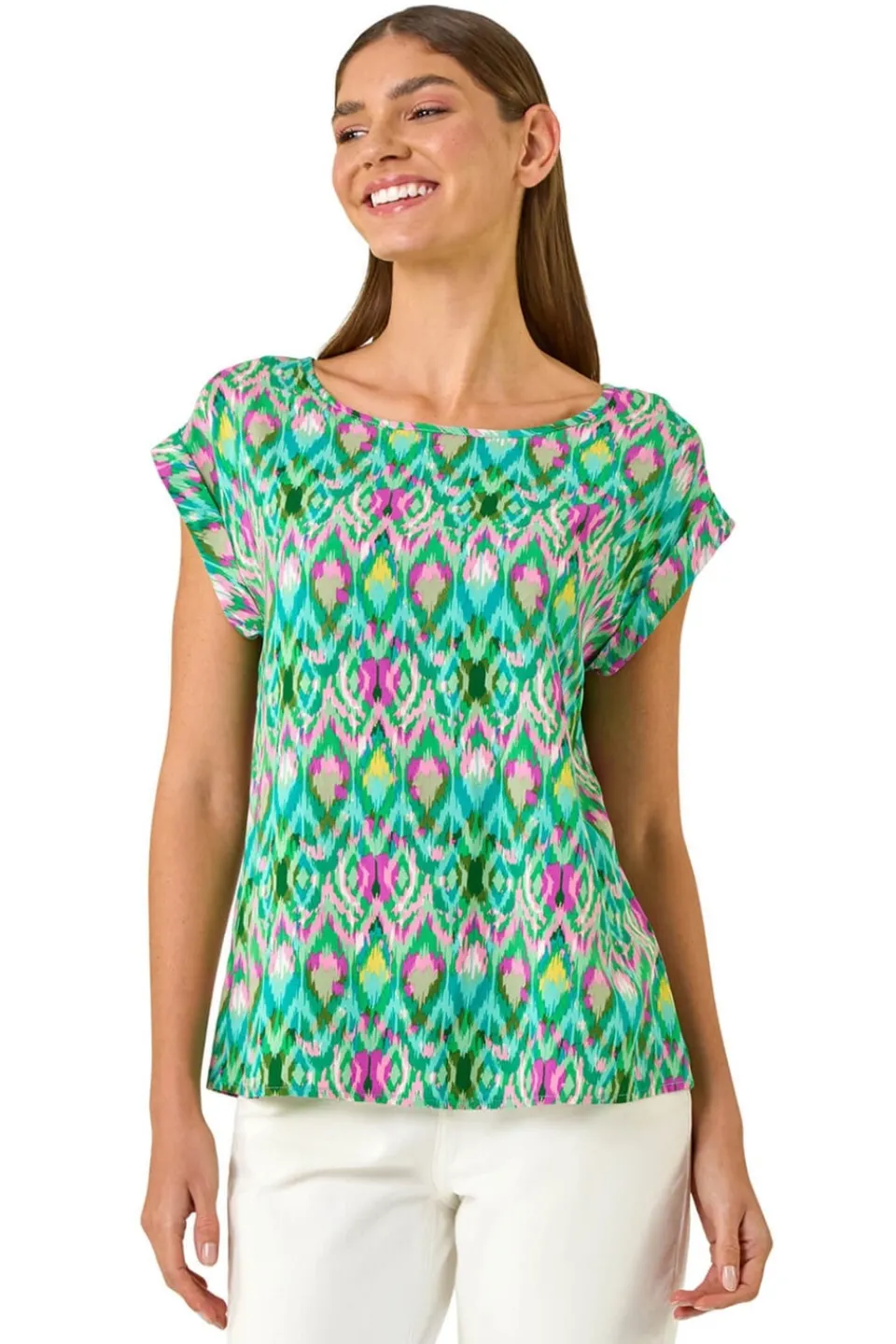 T-Shirts>Roman Green Abstract Print Shell Top