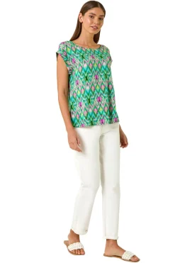 T-Shirts>Roman Green Abstract Print Shell Top