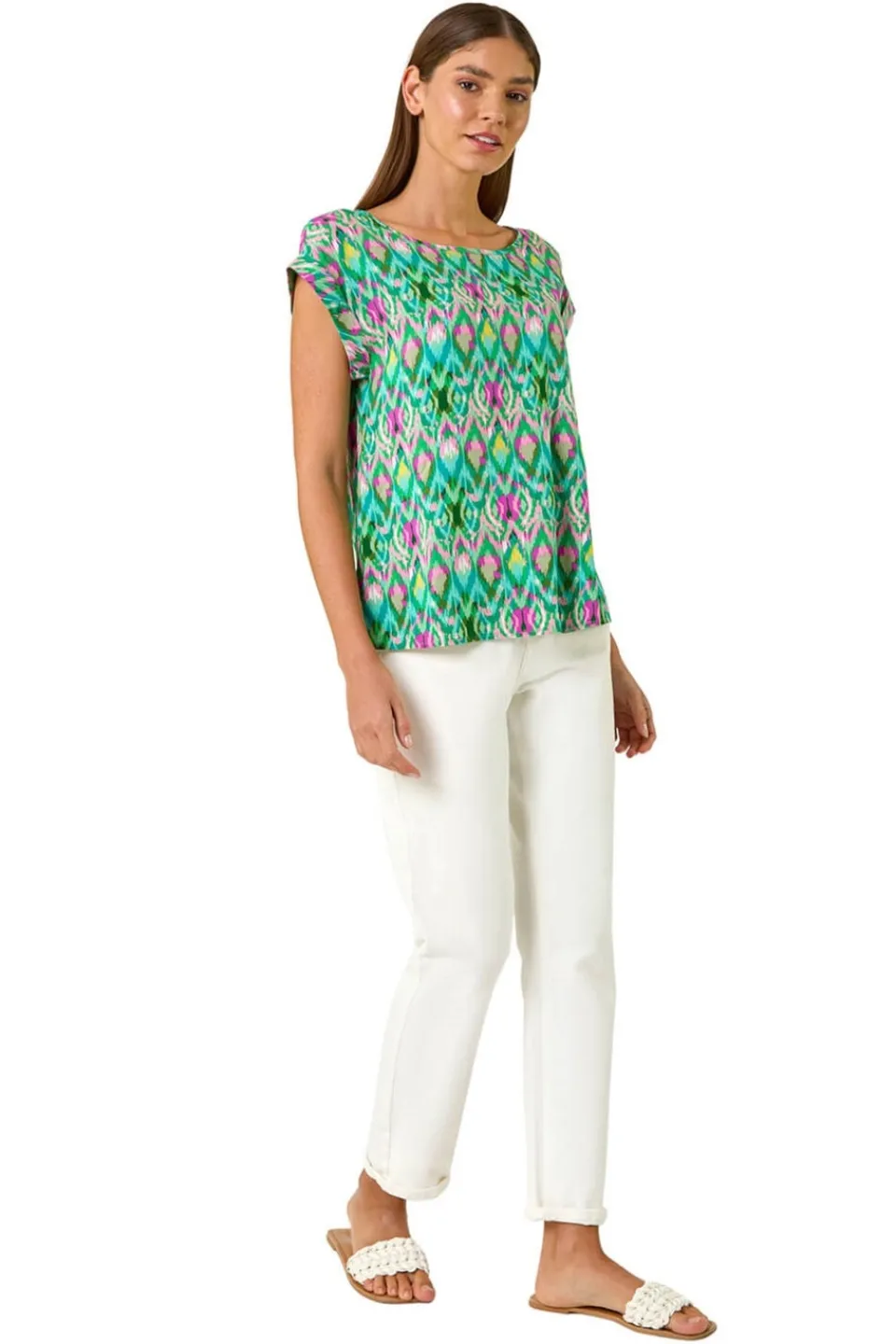 T-Shirts>Roman Green Abstract Print Shell Top