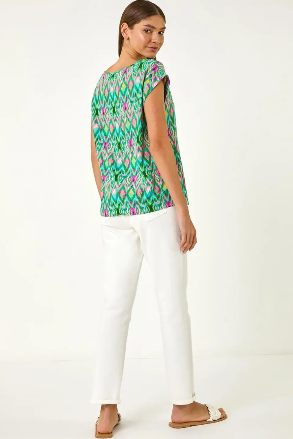 T-Shirts>Roman Green Abstract Print Shell Top