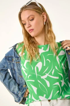 Tops>Roman Green Abstract Print Stretch T Shirt