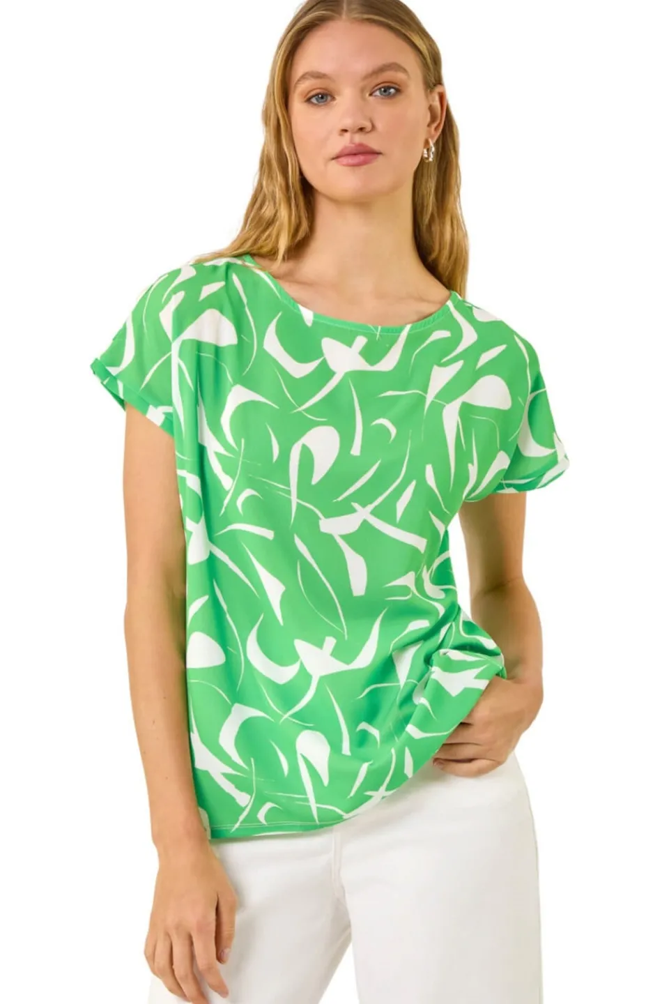 Tops>Roman Green Abstract Print Stretch T Shirt