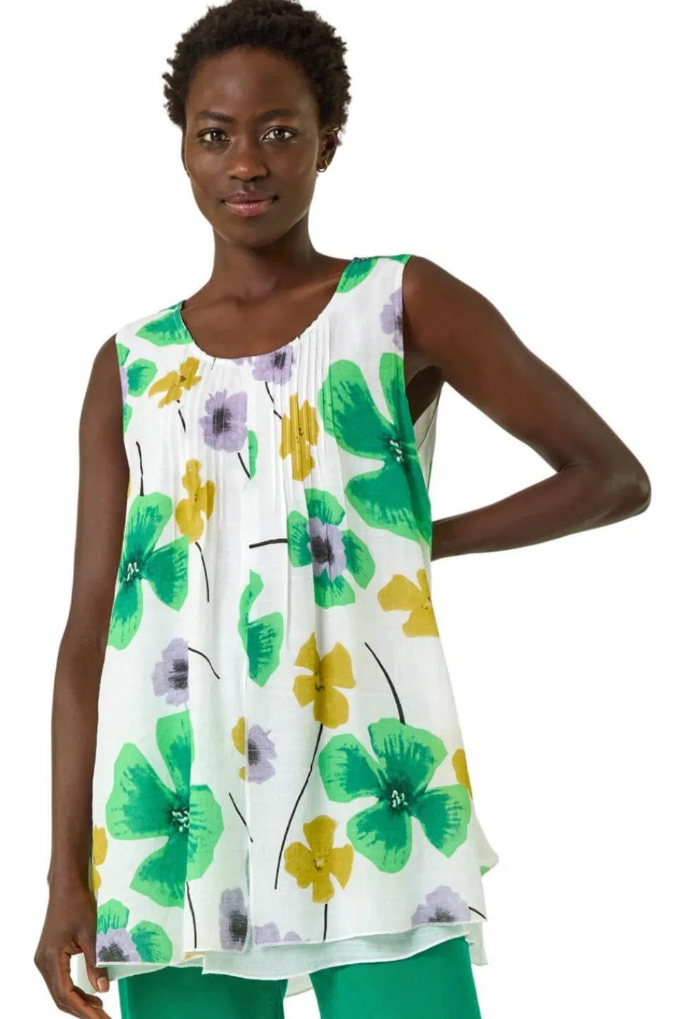 Tops>Roman Green Abstract Print Overlay Top