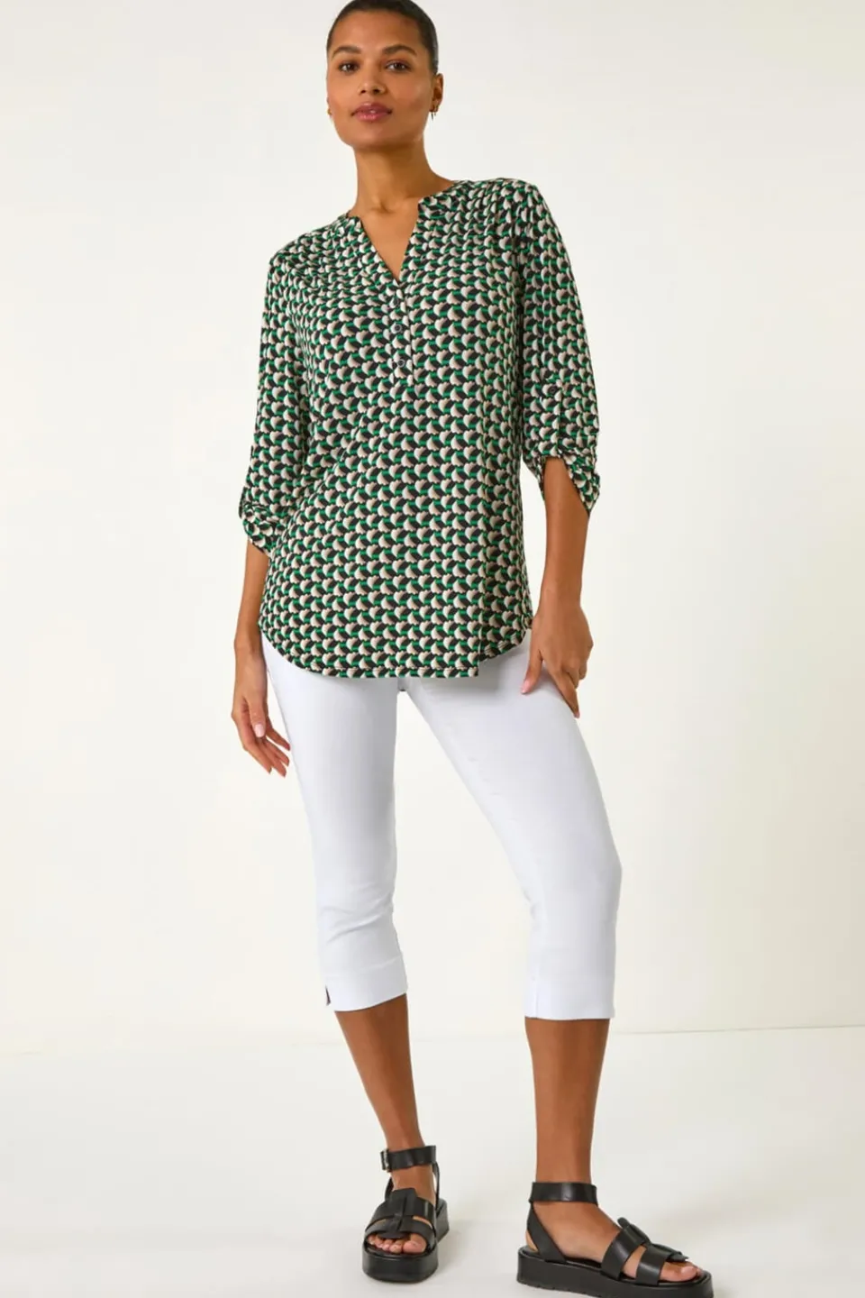 Tops>Roman Green Abstract Print V-Neck Button Stretch Shirt