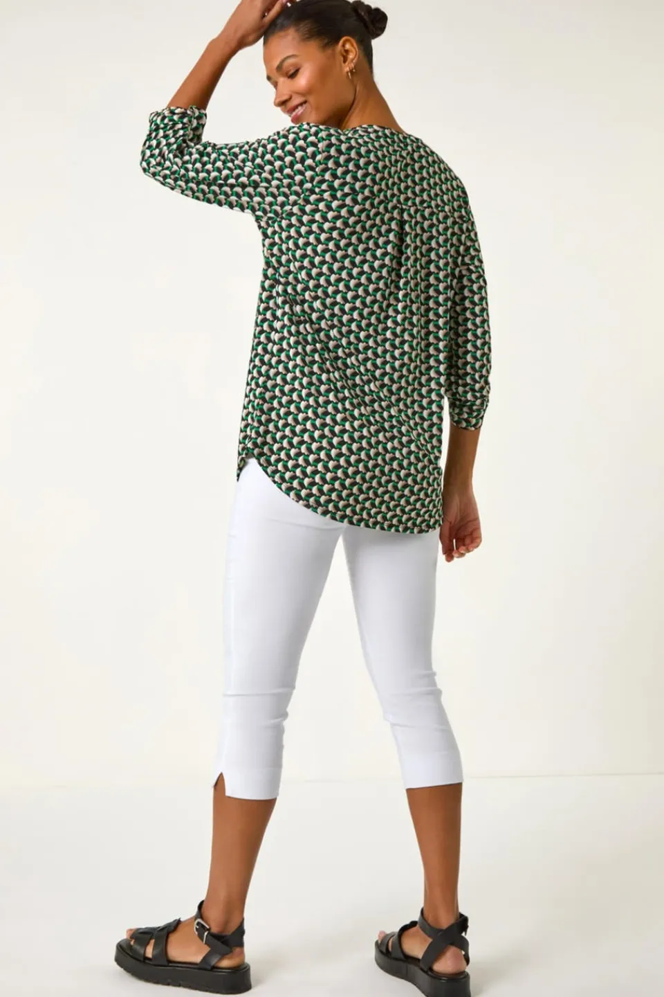 Tops>Roman Green Abstract Print V-Neck Button Stretch Shirt