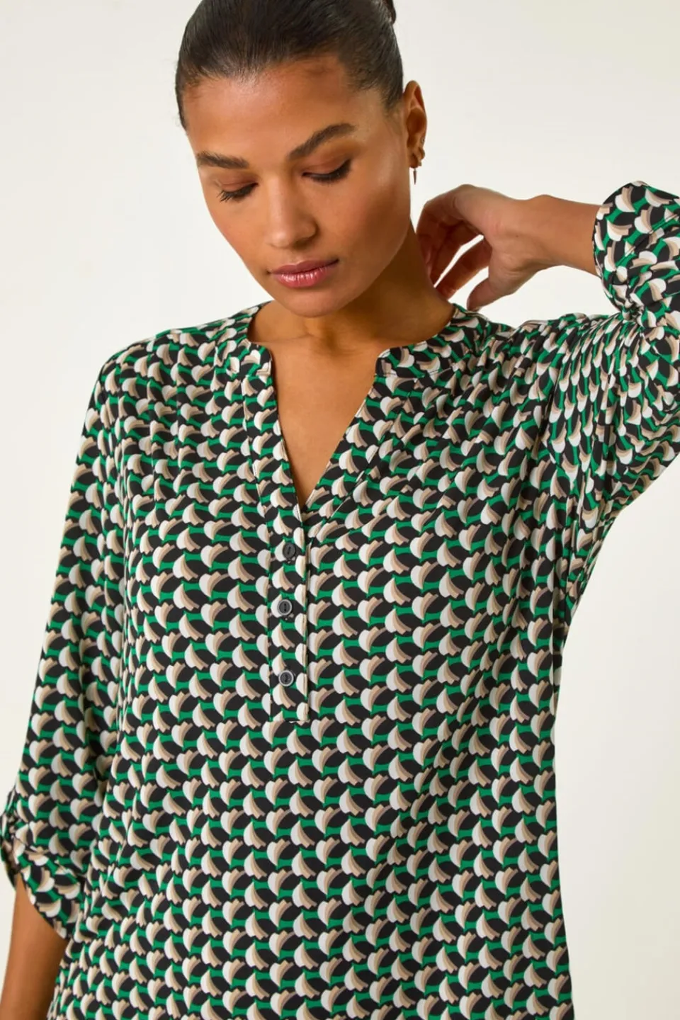 Tops>Roman Green Abstract Print V-Neck Button Stretch Shirt