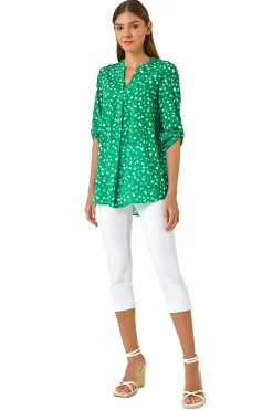 Tops>Roman Green Abstract Spot Print V-Neck Tunic Top