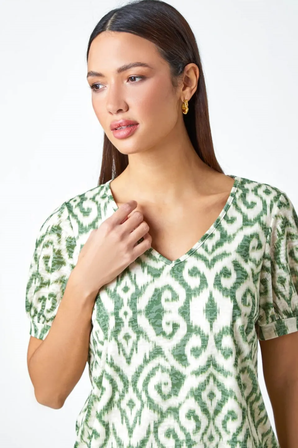 Tops>Roman Green Aztec Print V-Neck Blouson Hem Top