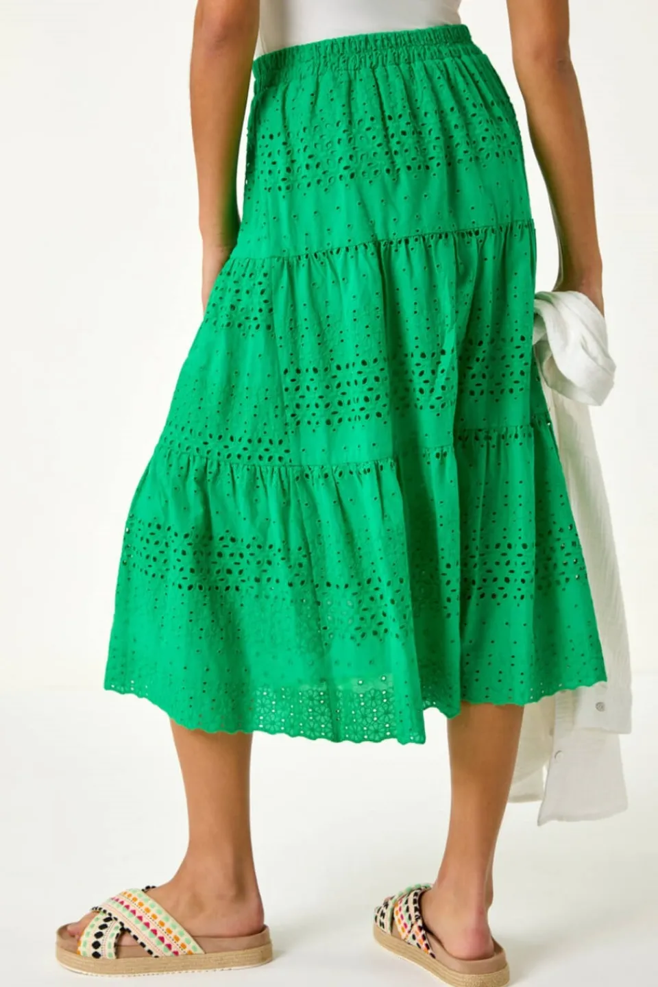 Skirts>Roman Green Broderie Cotton A Line Midi Skirt