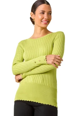 Tops>Roman Button Detail Ribbed Longline Jumper Green