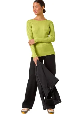 Tops>Roman Button Detail Ribbed Longline Jumper Green