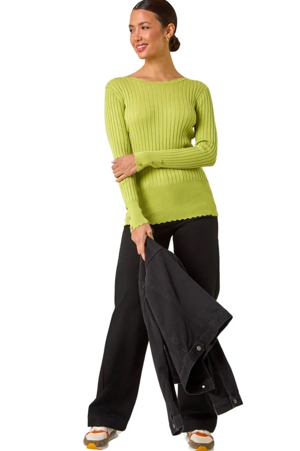 Tops>Roman Button Detail Ribbed Longline Jumper Green