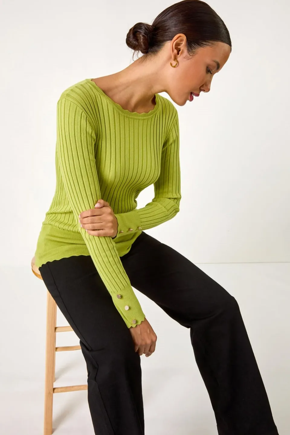 Tops>Roman Button Detail Ribbed Longline Jumper Green